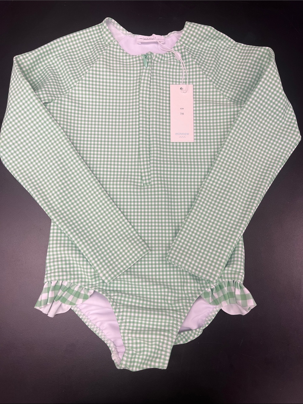 Girls' Green Gingham Long-Sleeve One-Piece Swimsuit with Ruffle Trim minnow nwt
